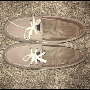 Grey and white Sperry boat shoes
